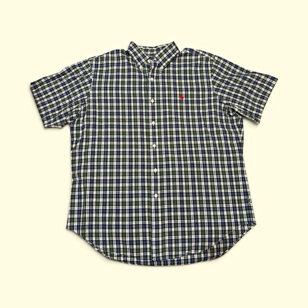 VTG Polo Ralph Lauren Classic Fit Plaid Shirt Men L Blue Green White Button-Down